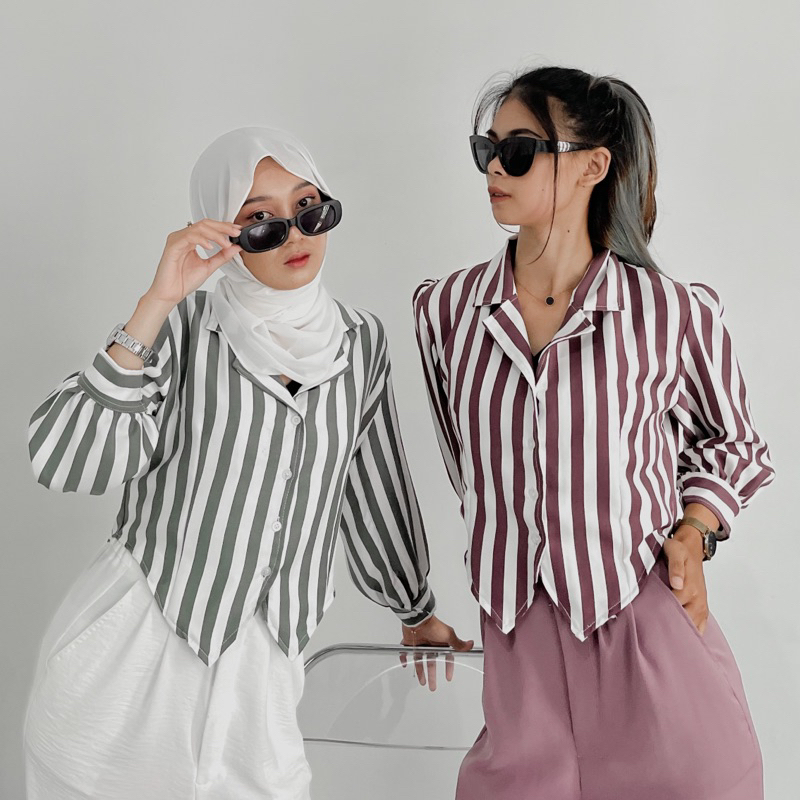 Atasan Kemeja Wanita Stripe Tangan Puff