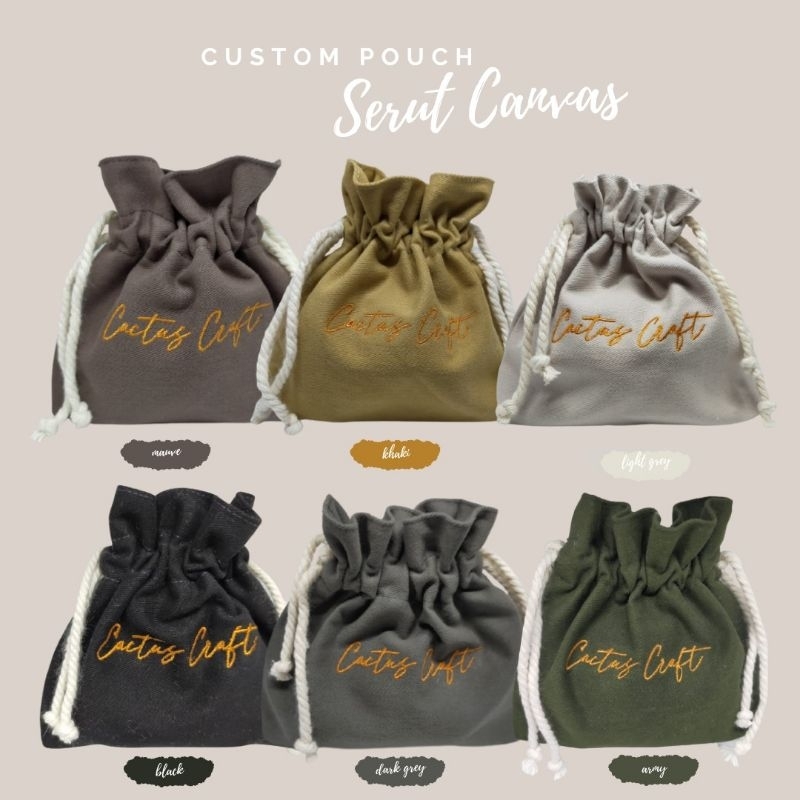 Pouch Serut Kanvas Custom Tulisan/Logo Bordir