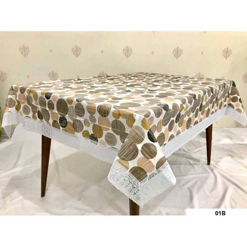 TAPLAK MEJA MAKAN PLASTIK/ VINYL ANTI AIR PERSEGI UNTUK 6 KURSI LIS RENDA LAPIS FURING