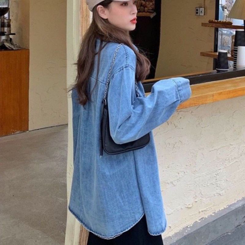 Tamstore Kemeja Oversize Wanita Jeans Atasan Kemeja Denim Lengan Panjang Ootd Kekinian