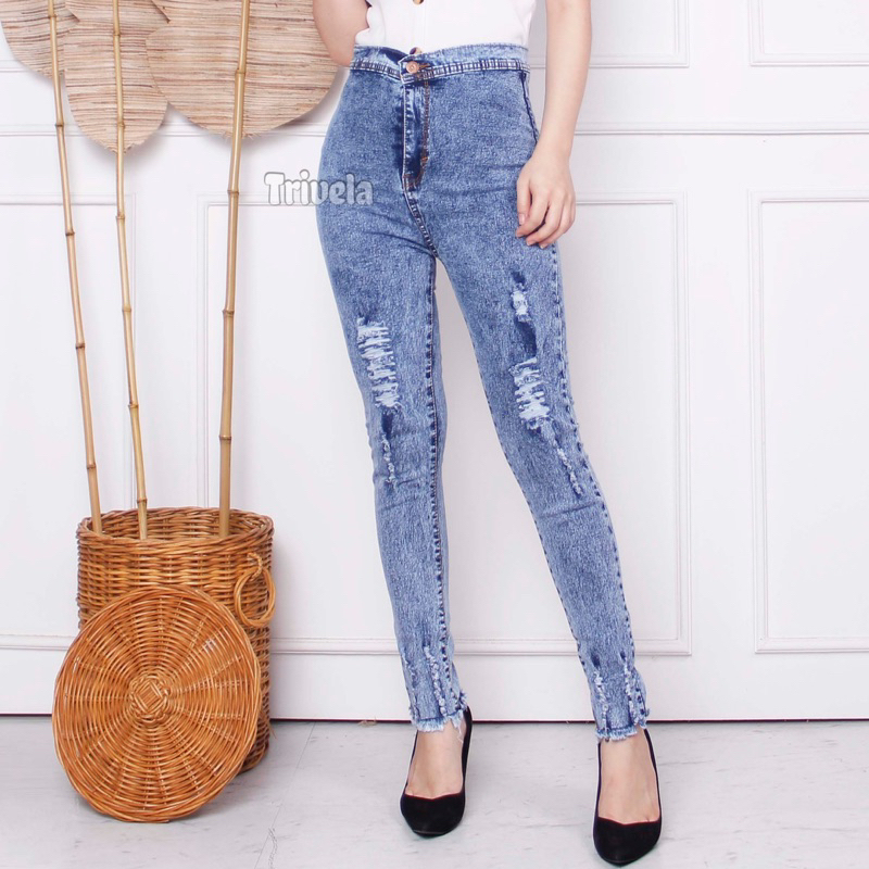 TRIVELA - HW GINZA JEANS / CELANA JEANS WANITA SOBEK LAPIS HIJAB FRIENDLY / GHINZA
