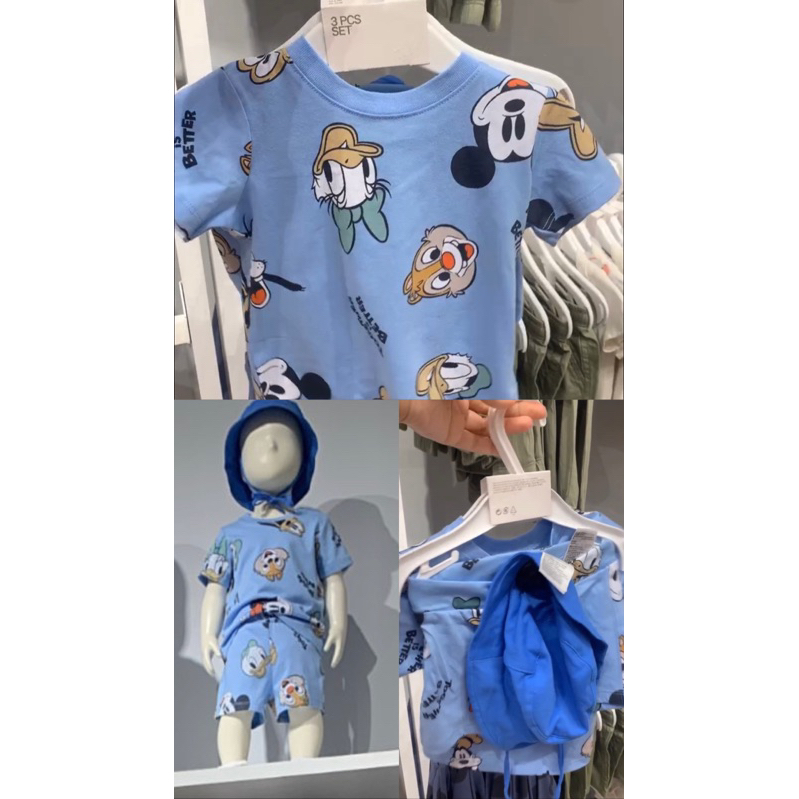 READY STOCK H&M 3 PIECE SET TSHIRT, SHORT, AND BUCKET HAT BLUE MICKEY MOUSE FOR BABY KIDS BOYS