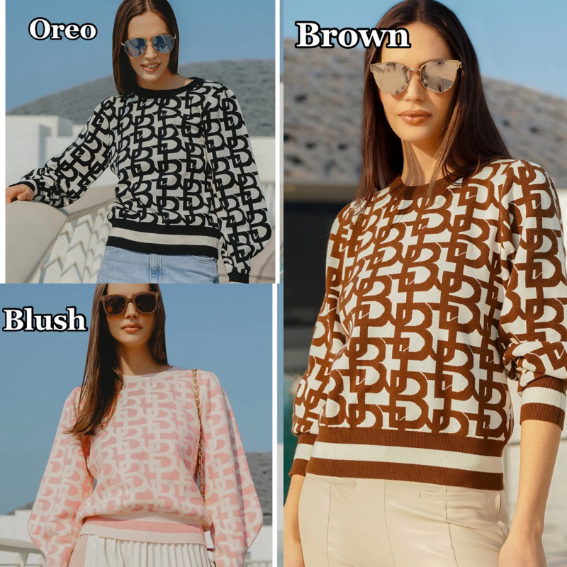 MONOGRAM BELL SLEEVE SWEATER blush brown oreo Benang jarum benangjarum XS S M L XL XXL buttonscarves
