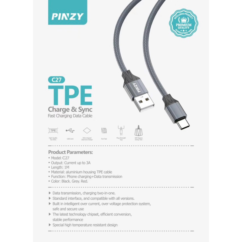 Kabel Data PINZY Seri 27 Material Aluminium TPE Support Fast Charging - Charger PINZY E27 Fast charging