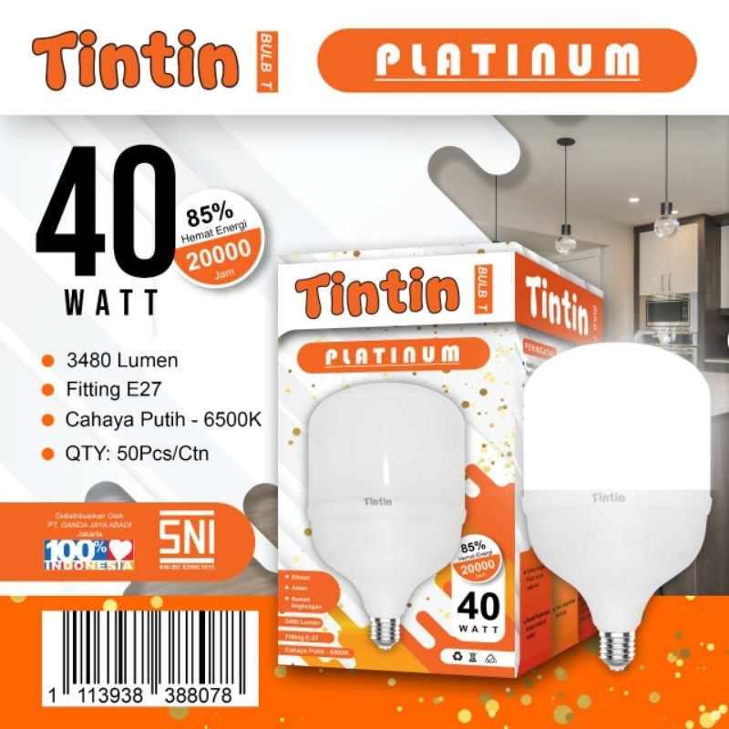 Lampu LED bergaransi Bulb T Tin Tin  Tintin Platinum 40w 50w 60w watt Cahaya Putih