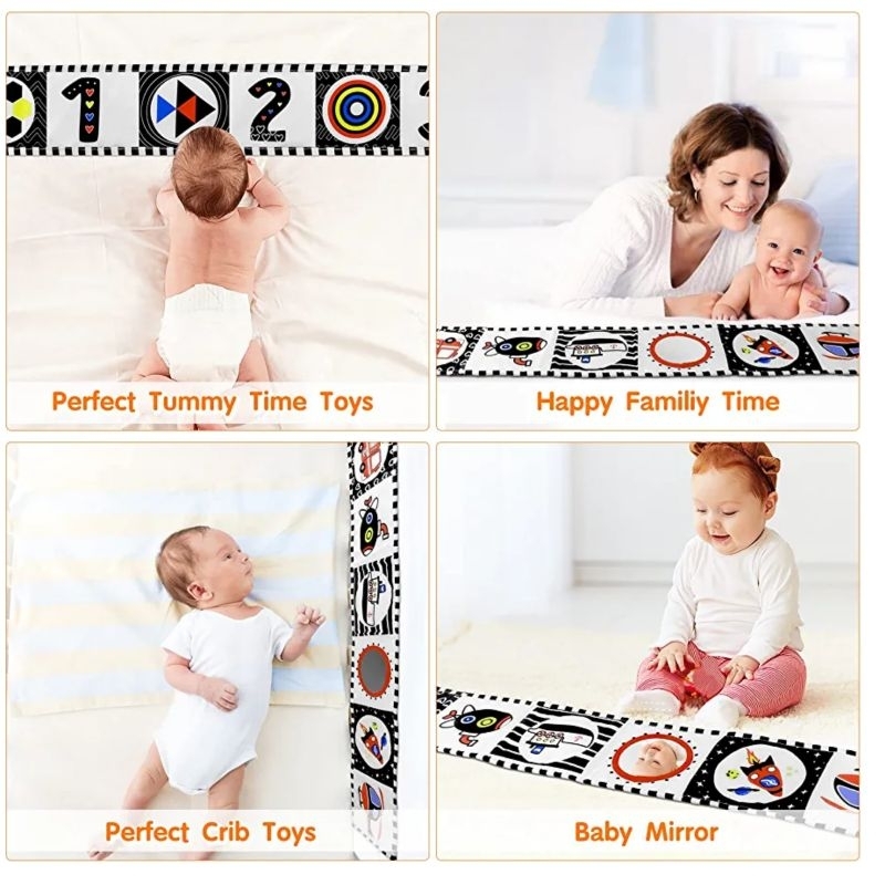 Mainan Edukasi Sensori Buku Kain Panjang Mirror Gantung Hitam Putih Kontras Boks Tempat Tidur Bayi Crib Bumper Cloth Soft Book Black White High Contrast Montessori Softbook Tummy Time Baby Folding Book Buku Bantal Lipat Cermin Kado Bayi