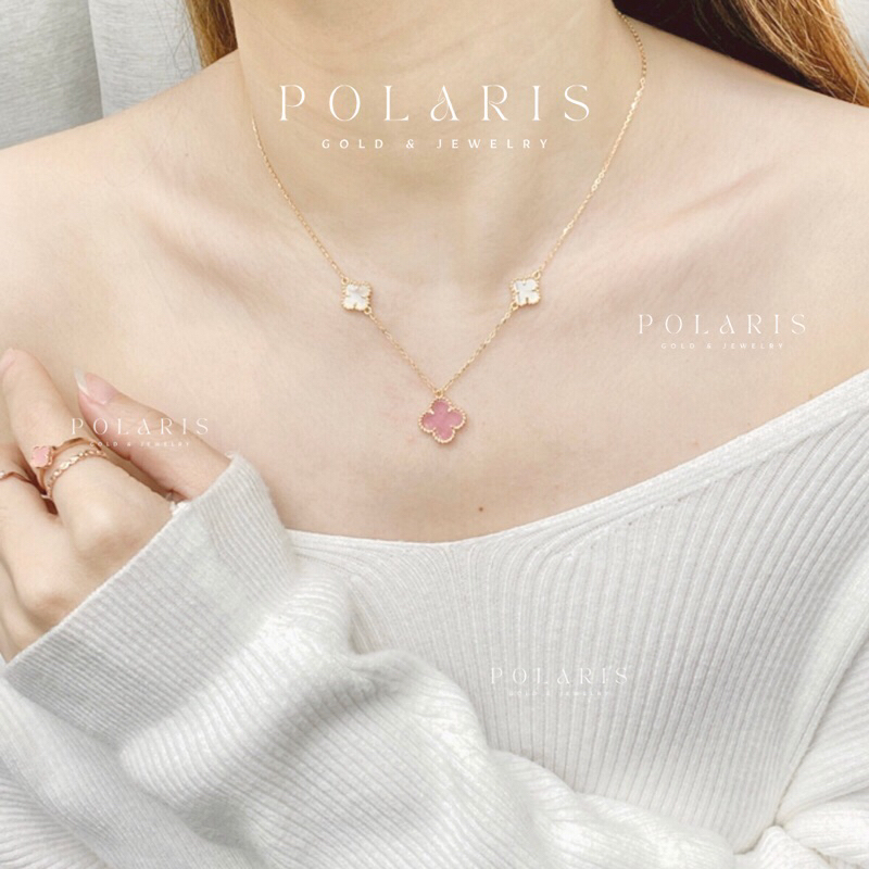 Kalung Rantai Bunga Clover Alhmbraa Pink Putih Perhiasan Emas Kuning Kadar Emas Tua 16K/700 KL5B