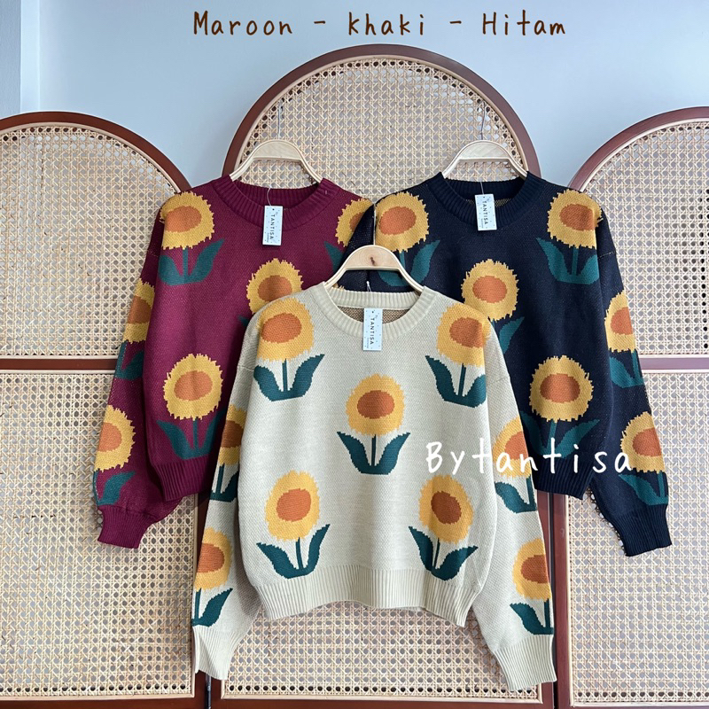 SWEATER RAJUT MOTIF SUNFLOWERS IMPORT KNIT