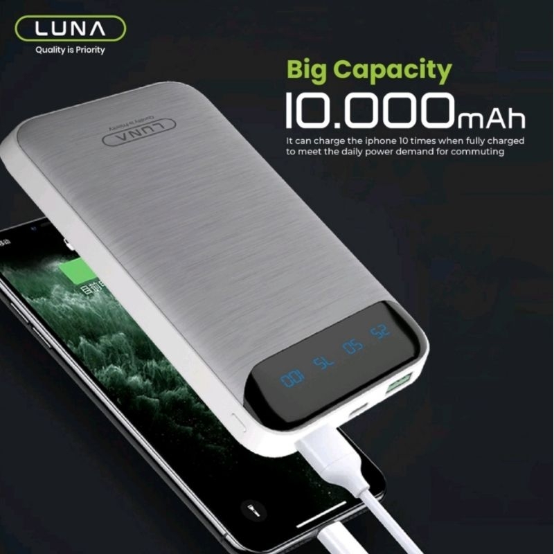 PC-2R Powerbank Luna 10000 mAh Fast Charging Dual Input Digital Display + FREE Cable Data POWER BANK