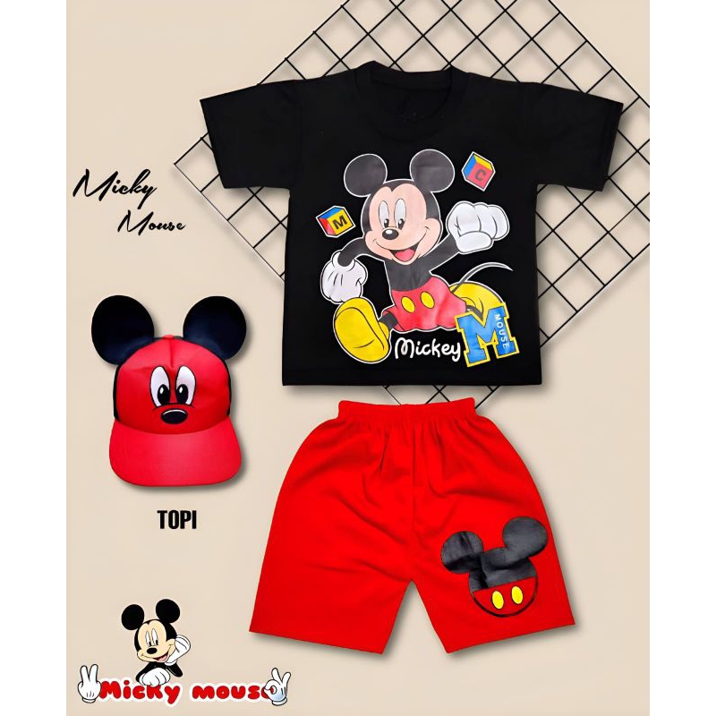 SETELAN ANAK KARTUN KARAKTER MICKEY MOUSE BISA DITAMBAH TOPI USIA 1-10THN/SETELAN MICKEY MOUSE AJA/TOPI MICKEY MOUSE AJA