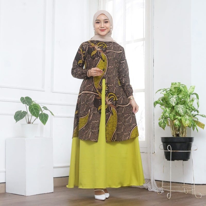 Couple Batik Gamis Dan Pria Lengan Pendek Warna Hijau Lemon