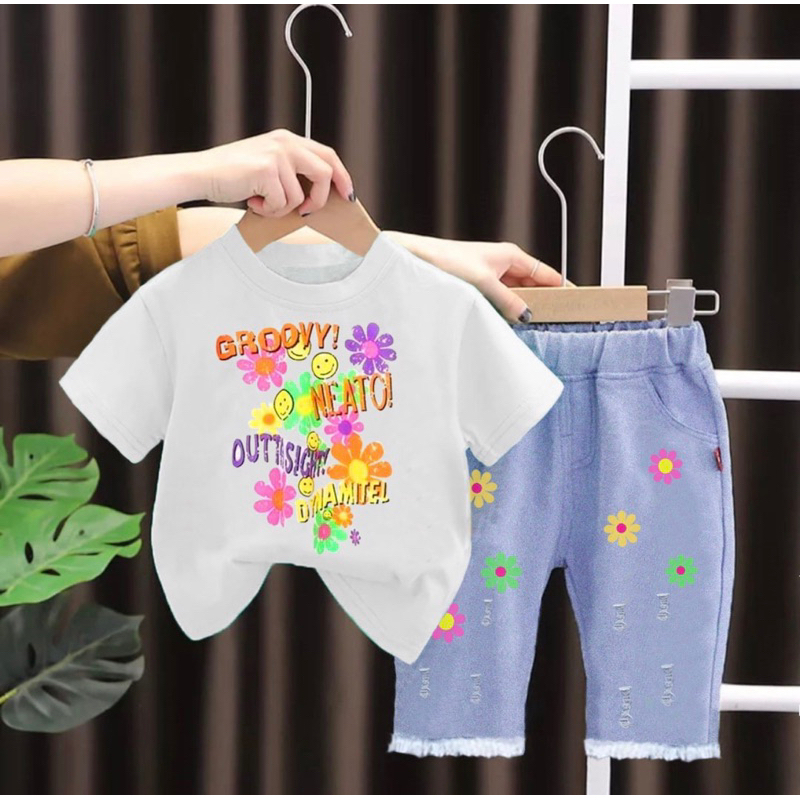 setelan anak perempuan celana denim baju motif bunga 1-5 tahun ardan grosir