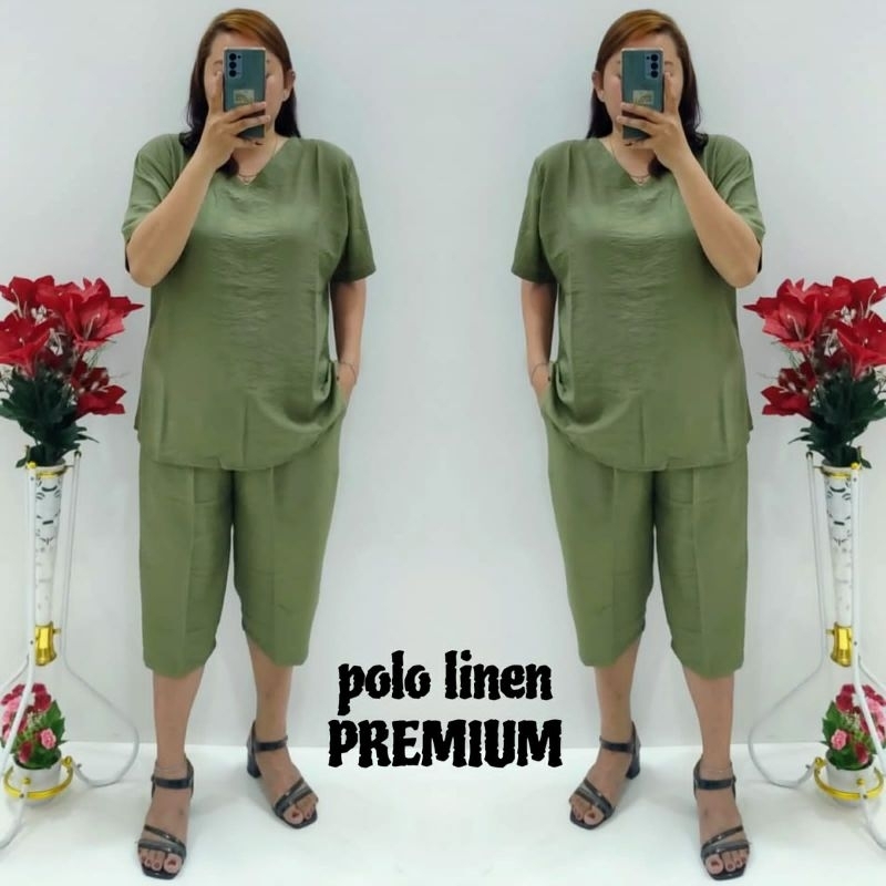 CNC - Stelan Wanita Dewasa Terbaru/Stelan Celana 7/8 V Polo Linen Polos Standar Dan Jumbo