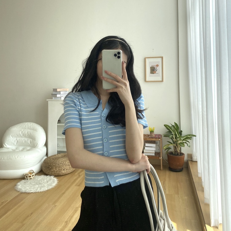 Meggy Knit Top - Atasan Rajut Wanita - Blouse Salur Short Sleeve - Korean Casual Look