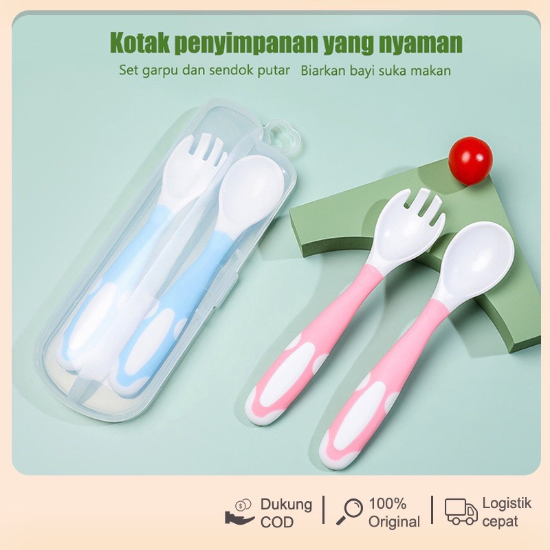 Sendok Makan Bayi Set Sendok Garpu Bengkok Alat Makan Anak BPA FREE + Kotak Bisa Ditekuk