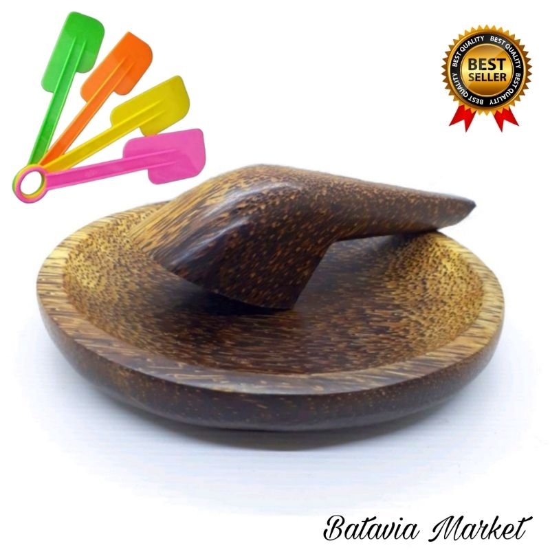 Cobek + Ulekan Aren Bentuk Oval 22 x 16 cm (Bonus Solet dan Mangkuk Sambel)