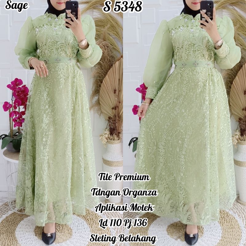 STYLE 5348. MAXI DRESS GAMIS TILE HIJAU SAGE KOMBI PREMIUM