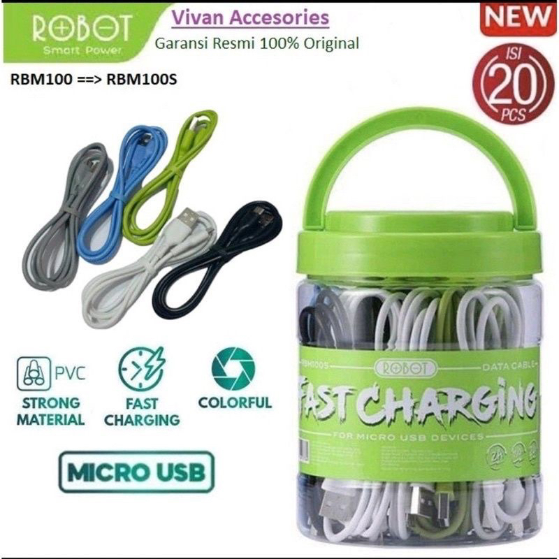 Kabel Data Robot 2A RBM100 Data Cable Micro USB 100cm Fast Charging Original ( Per 1PCS )