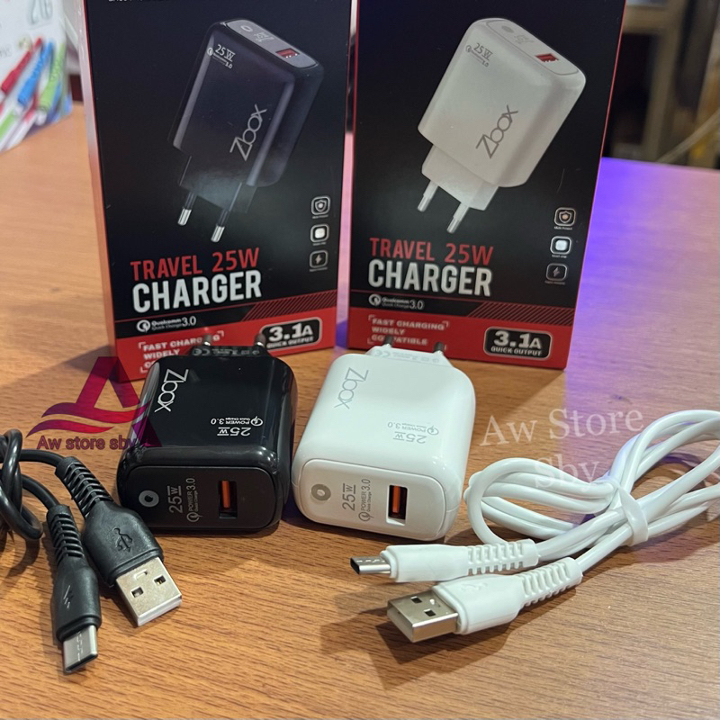 Z-BOX340 SMART ADAPTER CHARGER 25W + KABEL TYPE C ADAPTOR LED QC3.0 25 WATT FAST CHARGING 3.1A