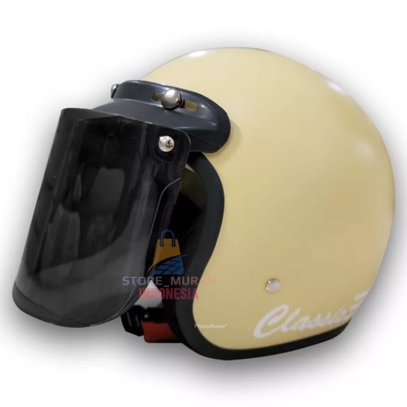 [ COD ] HELM BOGO CLASSIK GARIS TIGA KACA DATAR/CEMBUNG PACKING FREE BOX-CREAM