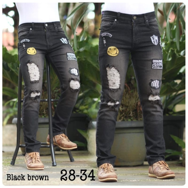 CELANA JEANS PRIA SOBEK DESTROY EMBLEM SOFTJEANS HANDMADE DALAM PURING TERBARU