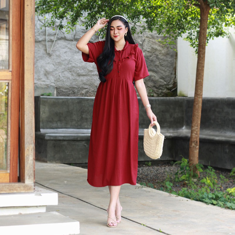 CASUAL MIDI DRESS PARTY KASMARAN LEHER KERAH BUSUI BUMIL