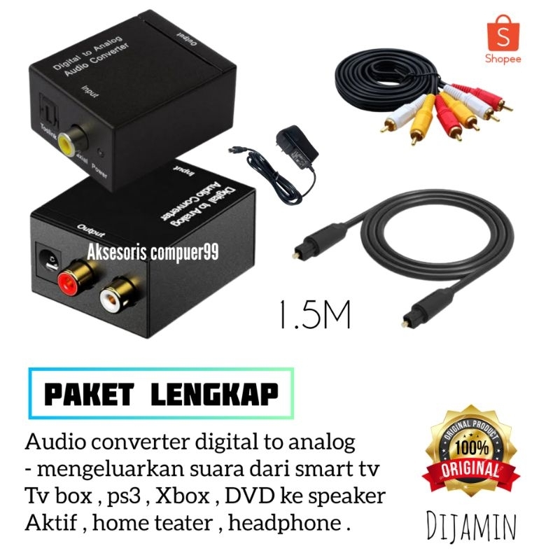 [ PAKET KOMPLIT ] Audio converter Digital to analog + Kabel optik audio tv BAE 1.5 meter + Kabel rca 3in3 1.5 meter Converter audio digital to analog / Optical Audio converter