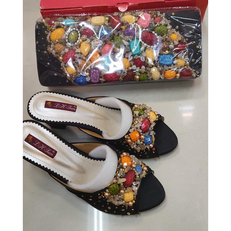 tas + sandal pesta batu warna warni