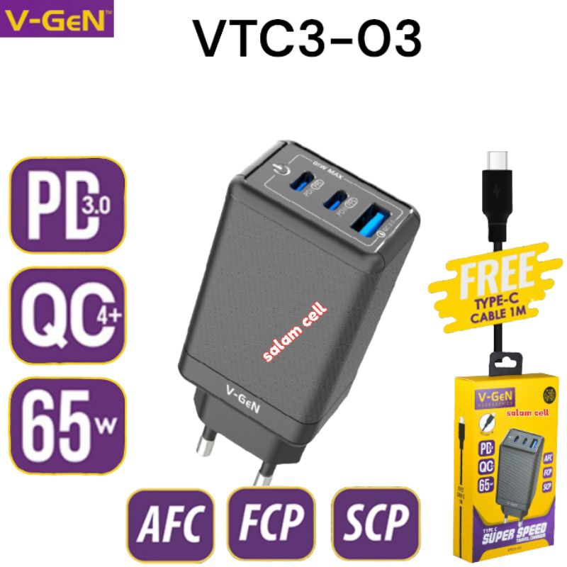 Charger V-Gen VCT3-03 65W 3Port PD3.0 Original Vgen Vct3 03 Garansi Resmi