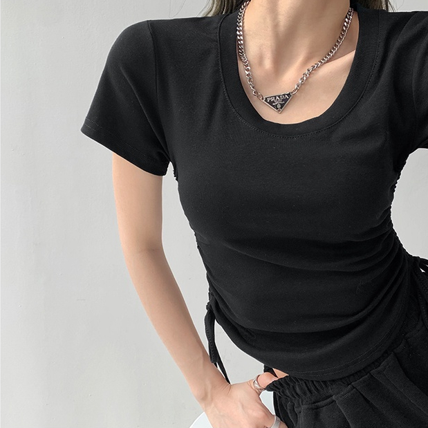 【MISSHONEY】Round Neck Ruched Drawstring Knot Crop Top  T-Shirt  7407 S/M/L