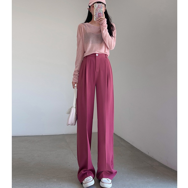 Hitam/Putih/Coklat/Khaki Highwaist Straight Loose  Kasual Celana Setelan Wanita Korean