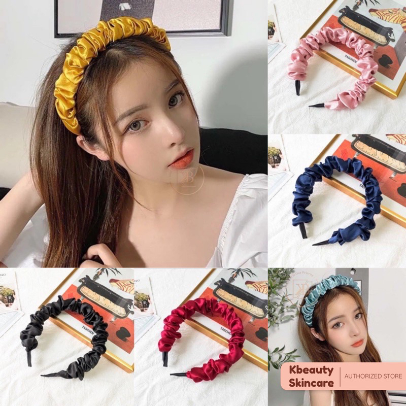 Bando Scrunchie Serut Satin Besar Korea Headband Ruffle Bandana Polos Wanita Bando Kain Scrunchie Fa