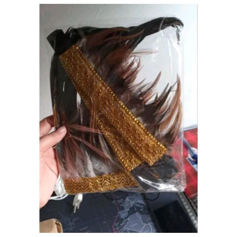 1 SET AKSESORIS KEPALA BULU DAYAK // TOPI BULU ADAT DAYAK// AKSESORIS KAKI TANGAN BULU