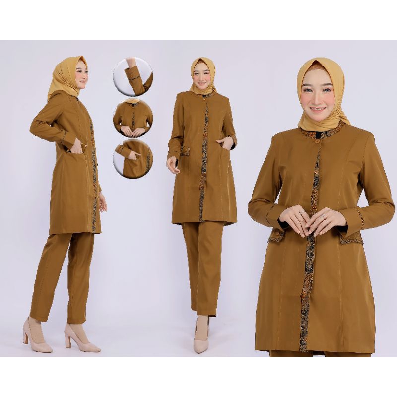 SETELAN TUNIK PEMDA TUA  KANTONG TUTUP KOMBINASI BATIK SET EOK. A / SET CELANA BAHAN KATUN. FREE HIJAB l