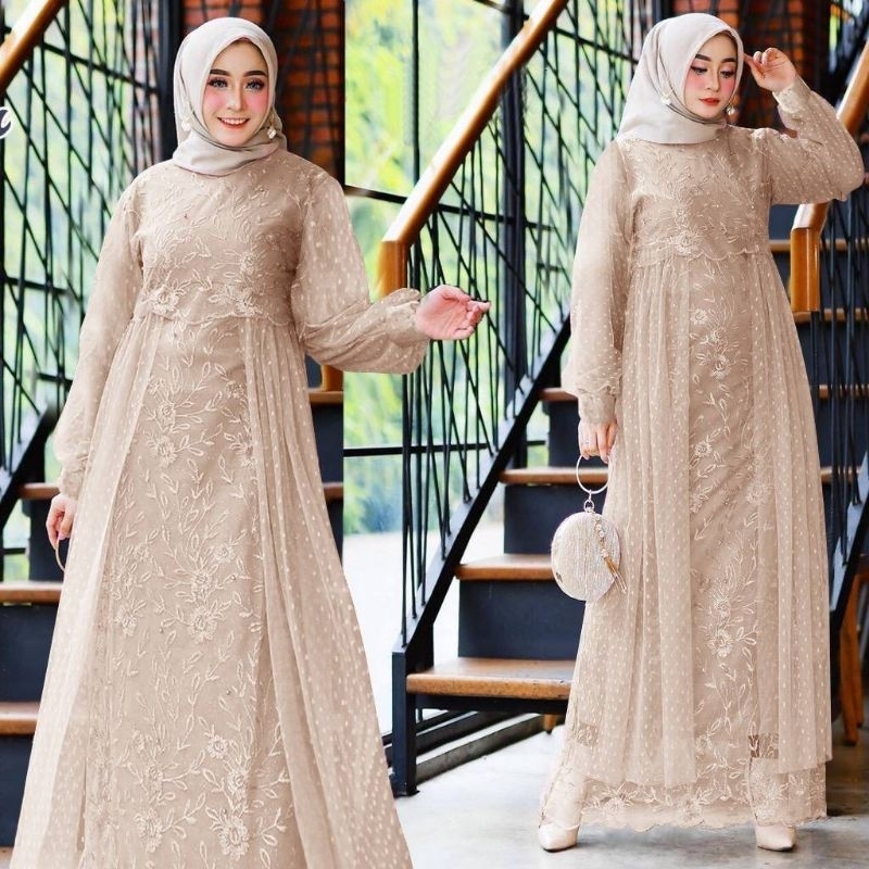 MAXI LIANA DEWASA /GAMIS FULL BRUKAT TILLE MUTIARA /GAMIS UNDANGAN/GAMIS SERAGAMAN