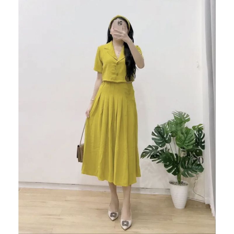 04569 MADIECA BUTTON COLLAR AIRFLOW LONG SKIRT SET ROK,