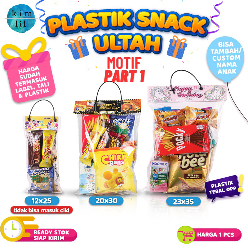 

[min 10pcs] MOTIF PART 1 LABEL SNACK ULANG TAHUN/PLASTIK SNACK ULTAH, BINGKISAN HANGTAG ULTAH, DIY