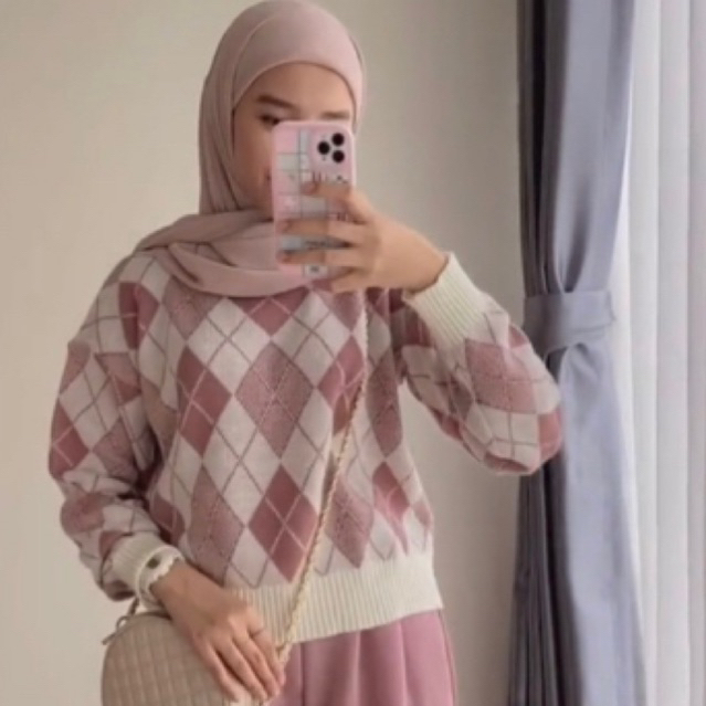 DERYN SWEATER Rajut Motif ketupat Sweater Wanita Import Leopard Kardigan Korea Knit Halus Motif