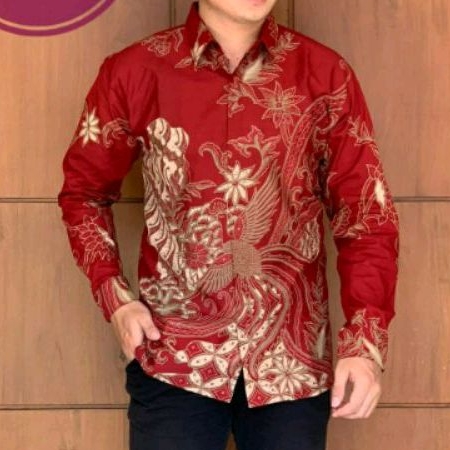 Kemeja Batik Slimfit Warna Merah Batik Pria Warna Merah Batik Lapis Furing WISANGGENI RED