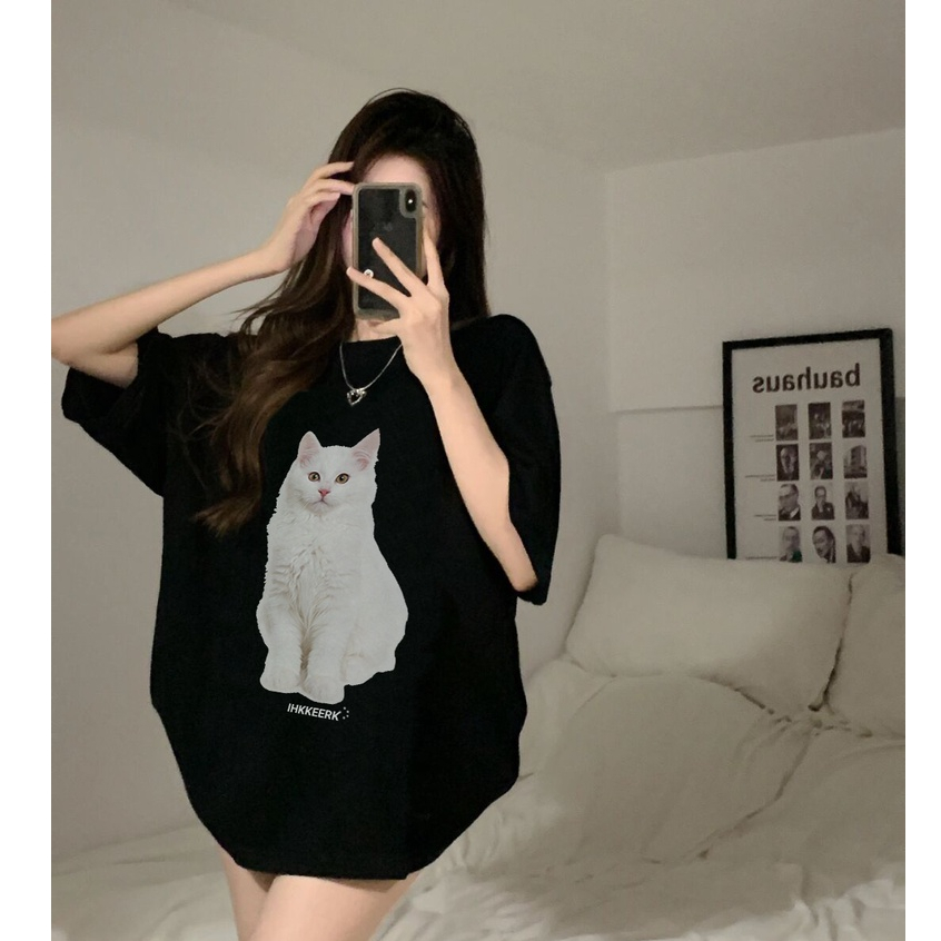 kaos hitam oversize wanita american retro cartoon cat motif printed t-shirt lengan pendek kaos atasan wanita