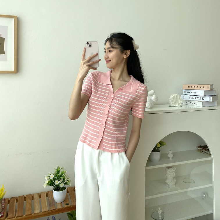 Meggy Knit Top - Atasan Rajut Wanita - Blouse Salur Short Sleeve - Korean Casual Look