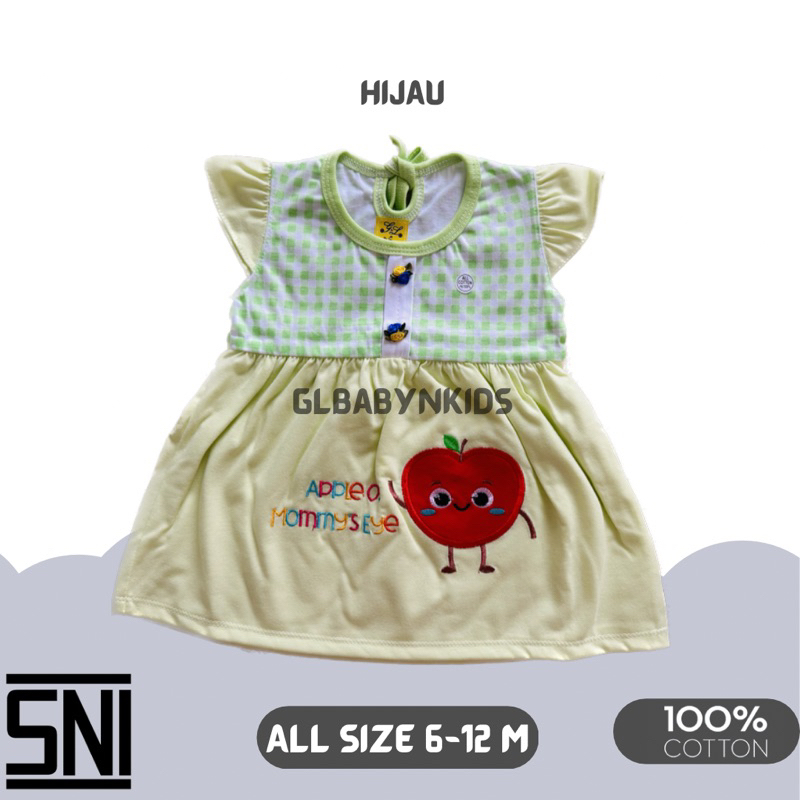 Dress Anak Bayi Print Kotak Bordir Apel All Size 6-12 Bulan Katun