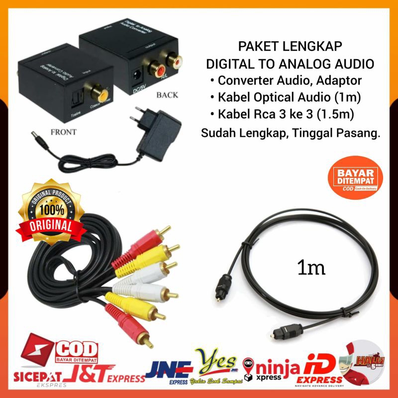 (COD) PAKET LENGKAP DIGITAL TO ANALOG AUDIO CONVERTER DARI TV KE HOME THEATER SPEAKER AKTIF + KABEL OPTICAL TOSLINK AUDIO TV + KABEL RCA TO RCA 3 KE 3 1.5 METER