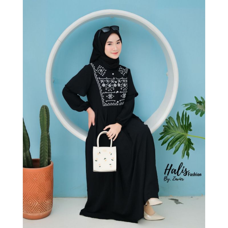 Gamis Halis Bordir Putih | Gamis Wanita Lebaran