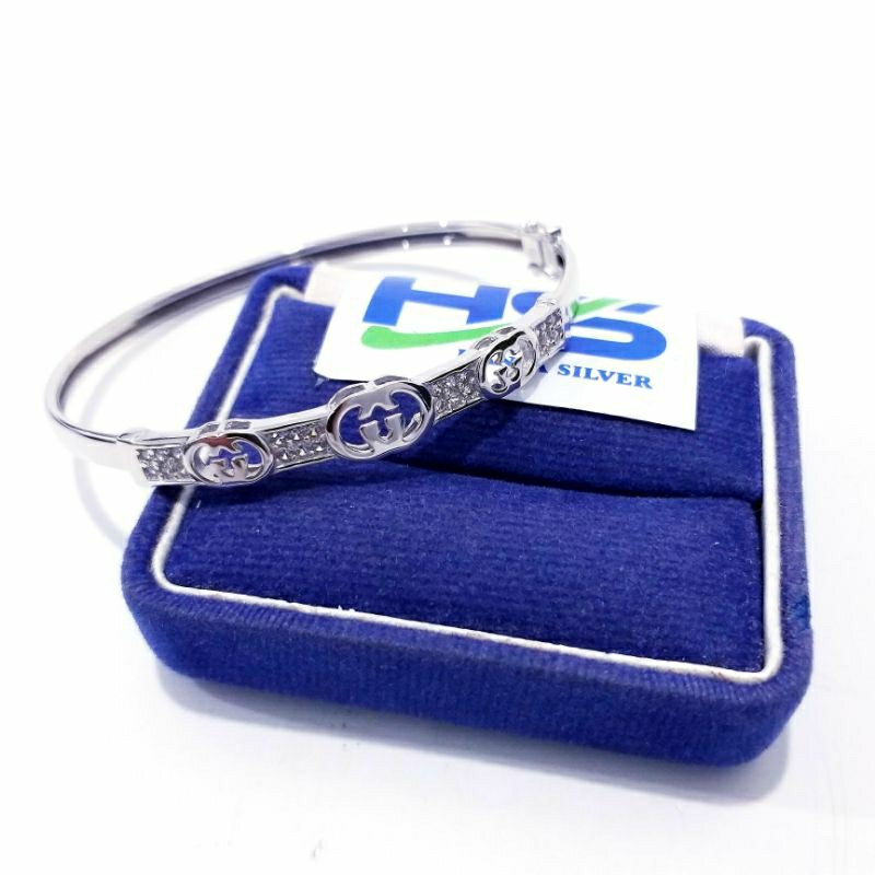 Gelang Perak Wanita Asli Silver 925 Lapis Emas Putih Model Bangle Guci Bentuk Oval - Gelang Perak Wanita Anti Karat