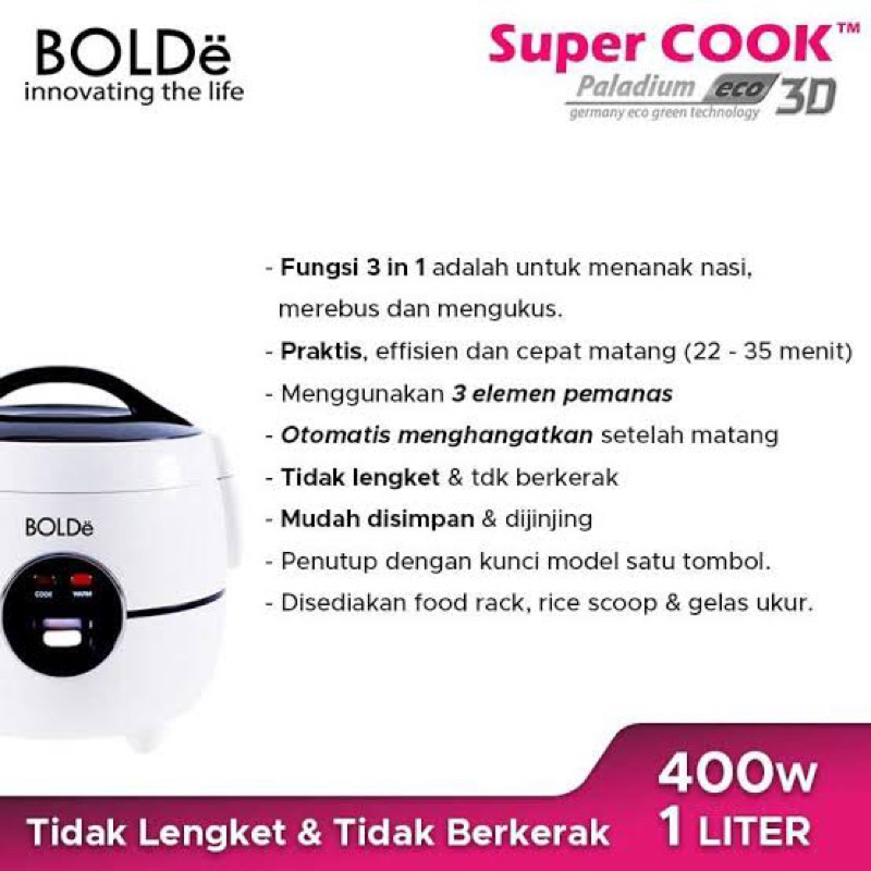 BOLDe Rice Cooker 3D SUPER COOK 1 Liter PALLADIUM - Putih