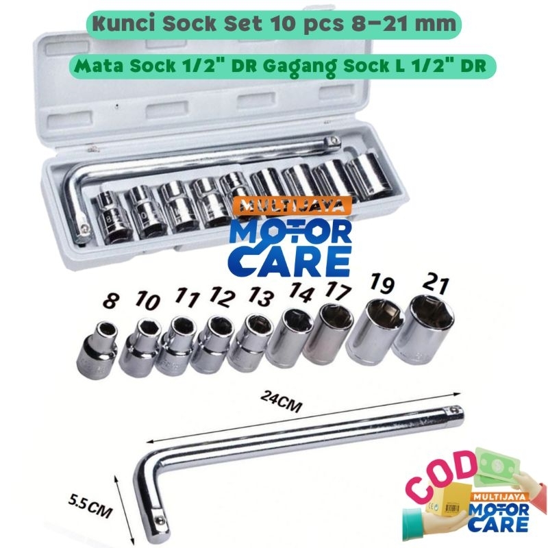 Socket Wrench Set Kunci Shock Sok Set 10 Pcs  Motor Mobil Gagang 1/2 Inch Mata Shock 8 10 11 12 13 14 17 19 21 22 24 mm