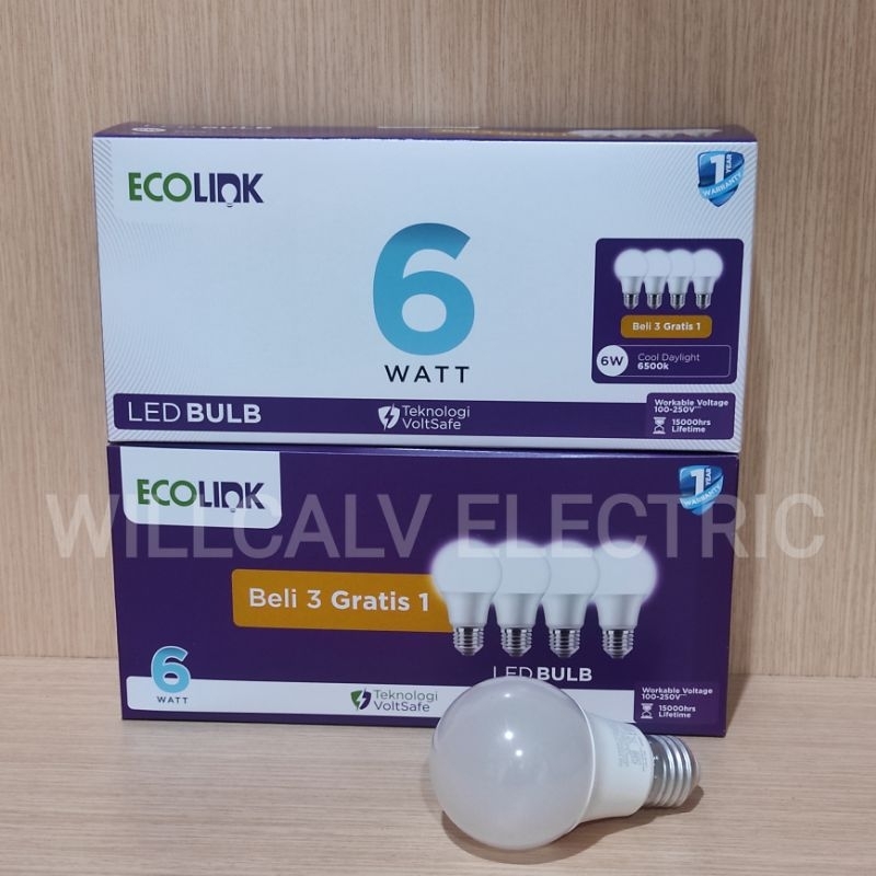 Lampu ECOLINK led bulb Multipack 6W isi 4 ( 3+1) cahaya putih 6500K E27