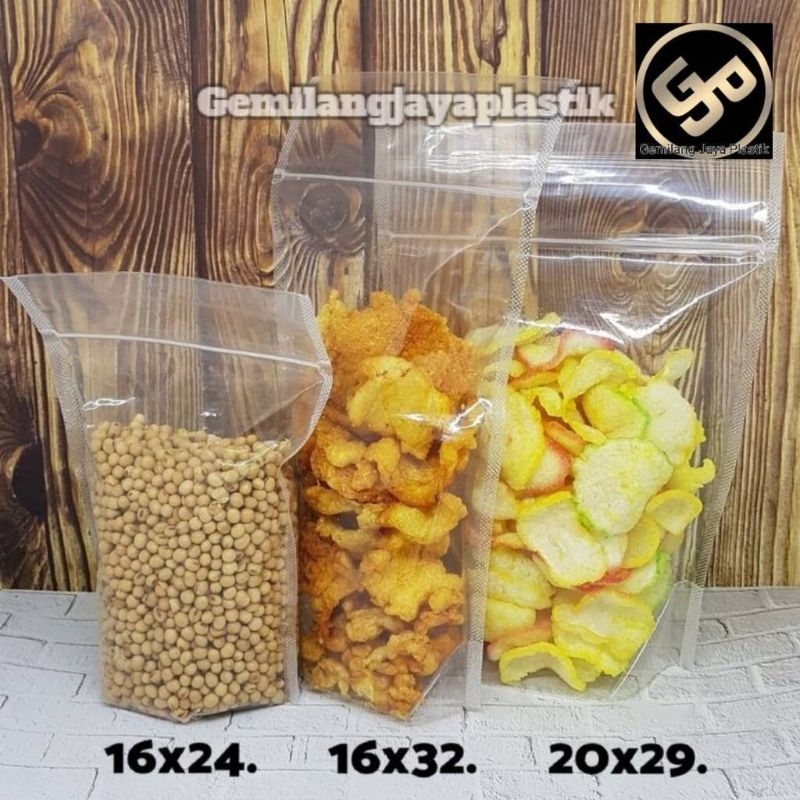 PLASTIK CETIK RESLETING | PLASTIK KLIP BERDIRI SNACK JAJAN KERIPIK KRIPIK KERUPUK KRUPUK | standing pouch bening transparan tebal | plastik mika tebal untuk kue kering kiloan per kilo | Plastik cetik klip ctik pouch berdiri wadah jajan kacang beras