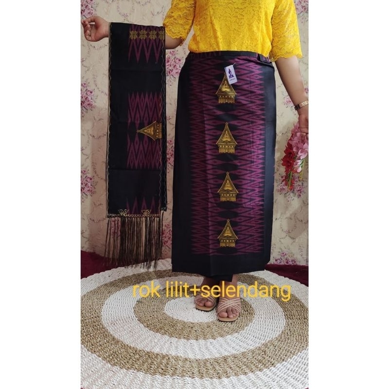 Rok lilit+selendang katun motif rumah adat (bisa pakai sampai BB 75kg)